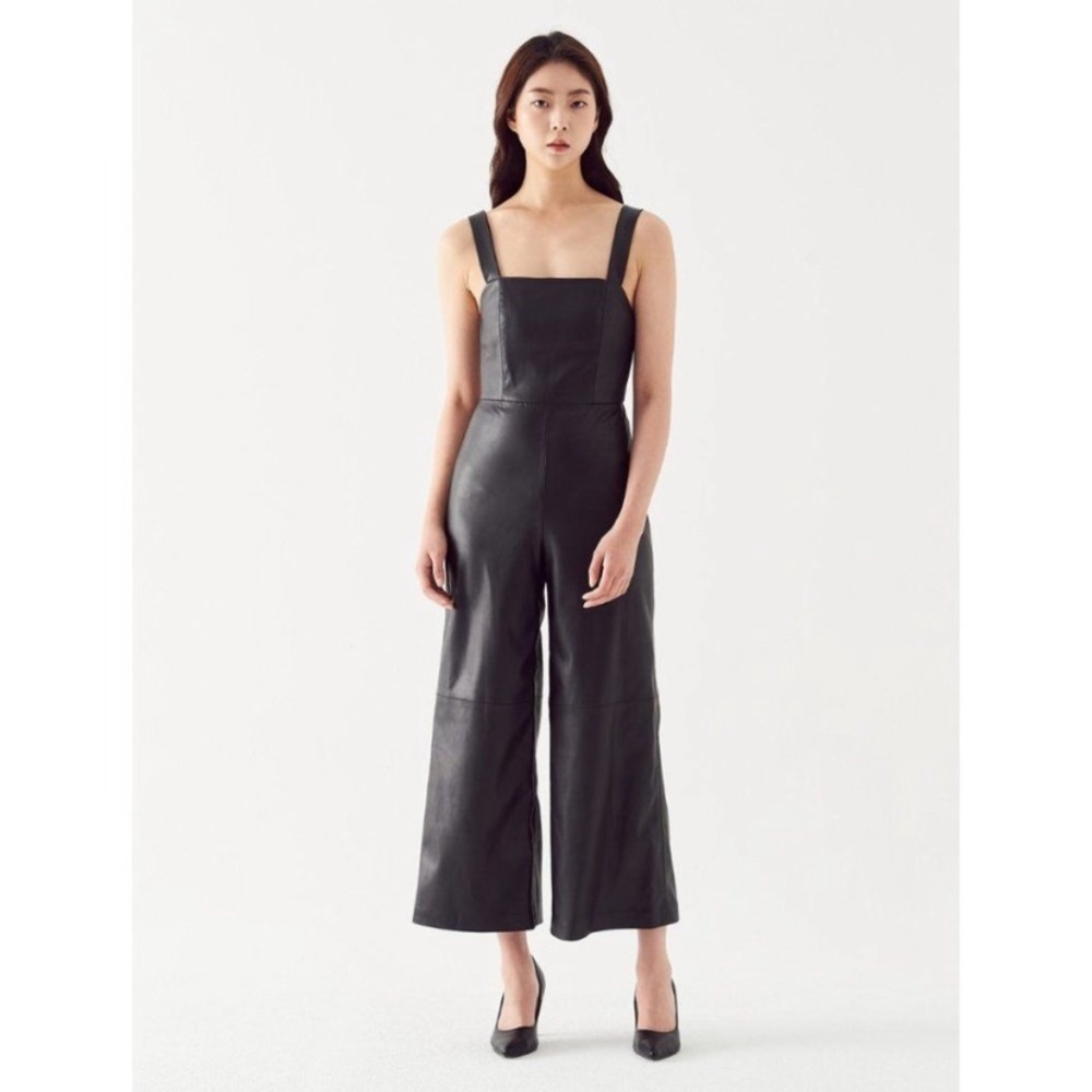 Alice + Olivia Avelina Black Vegan Leather Wide Leg Jumpsuit Size 2